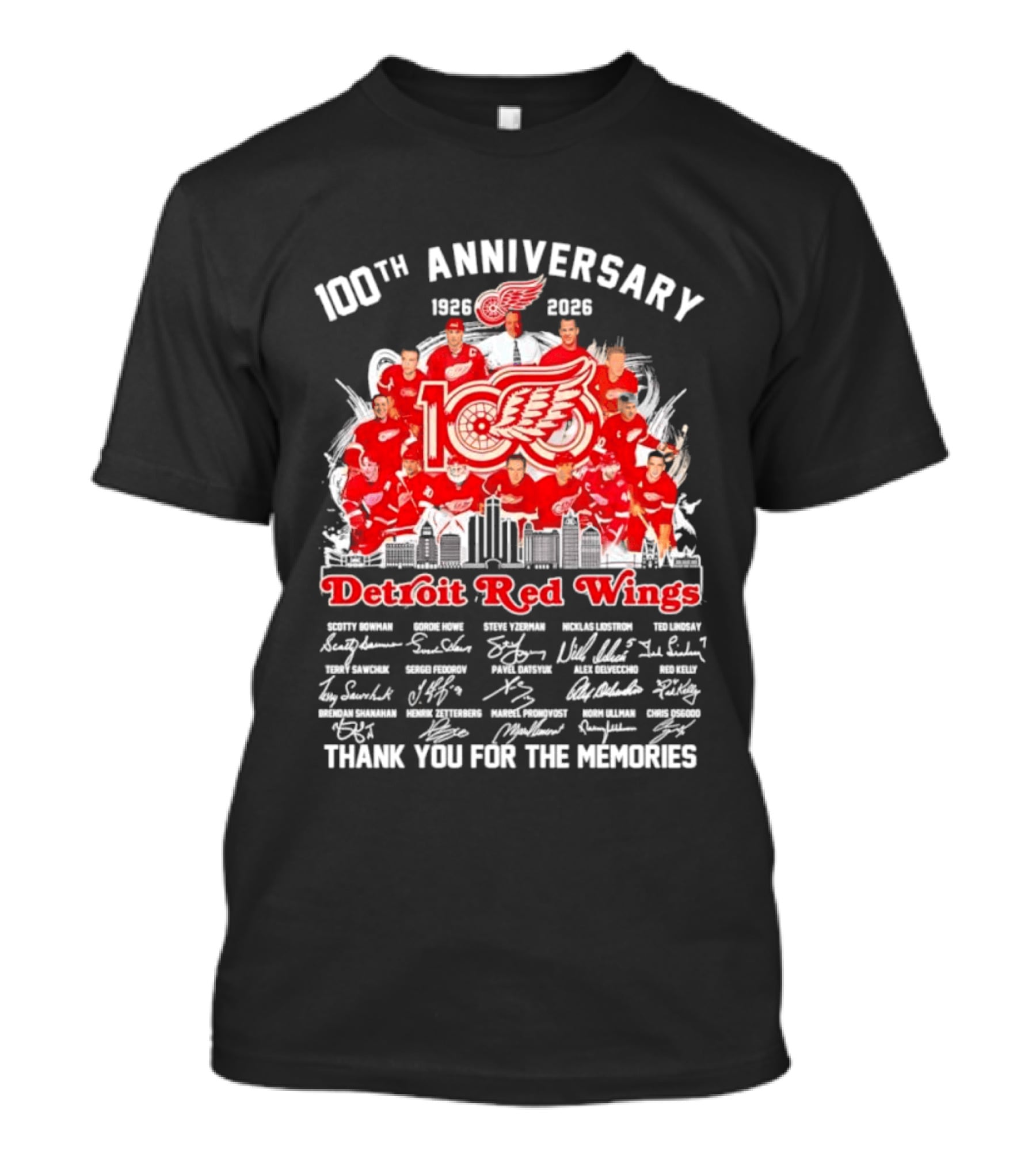 Detroit Red Wings 100th Anniversary 1926 2026 Thank You For The Memories Player Skyline T-Shirt