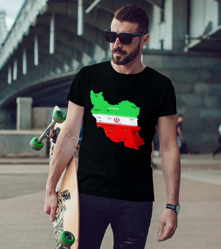 Iran Map With Flag Tehran Tabriz Mashhad Esfahan Shiraz Yazd Cities T-Shirt