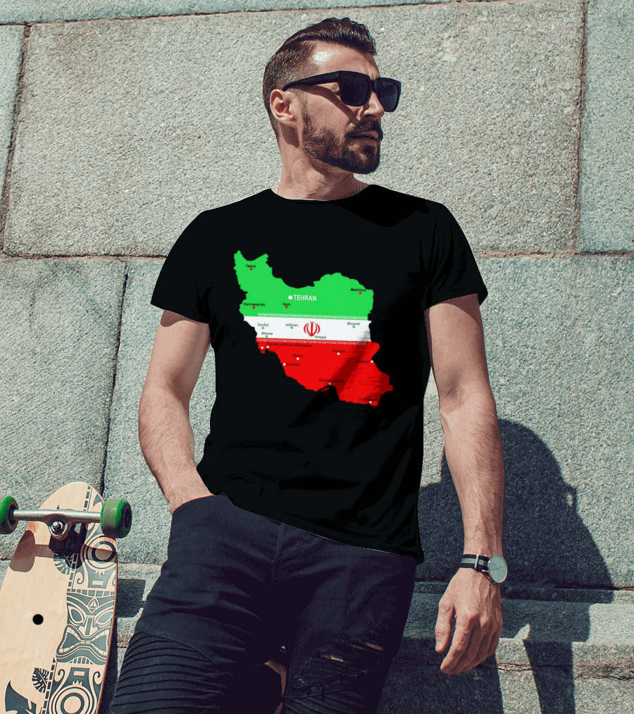 Iran Map With Flag Tehran Tabriz Mashhad Esfahan Shiraz Yazd Cities T-Shirt