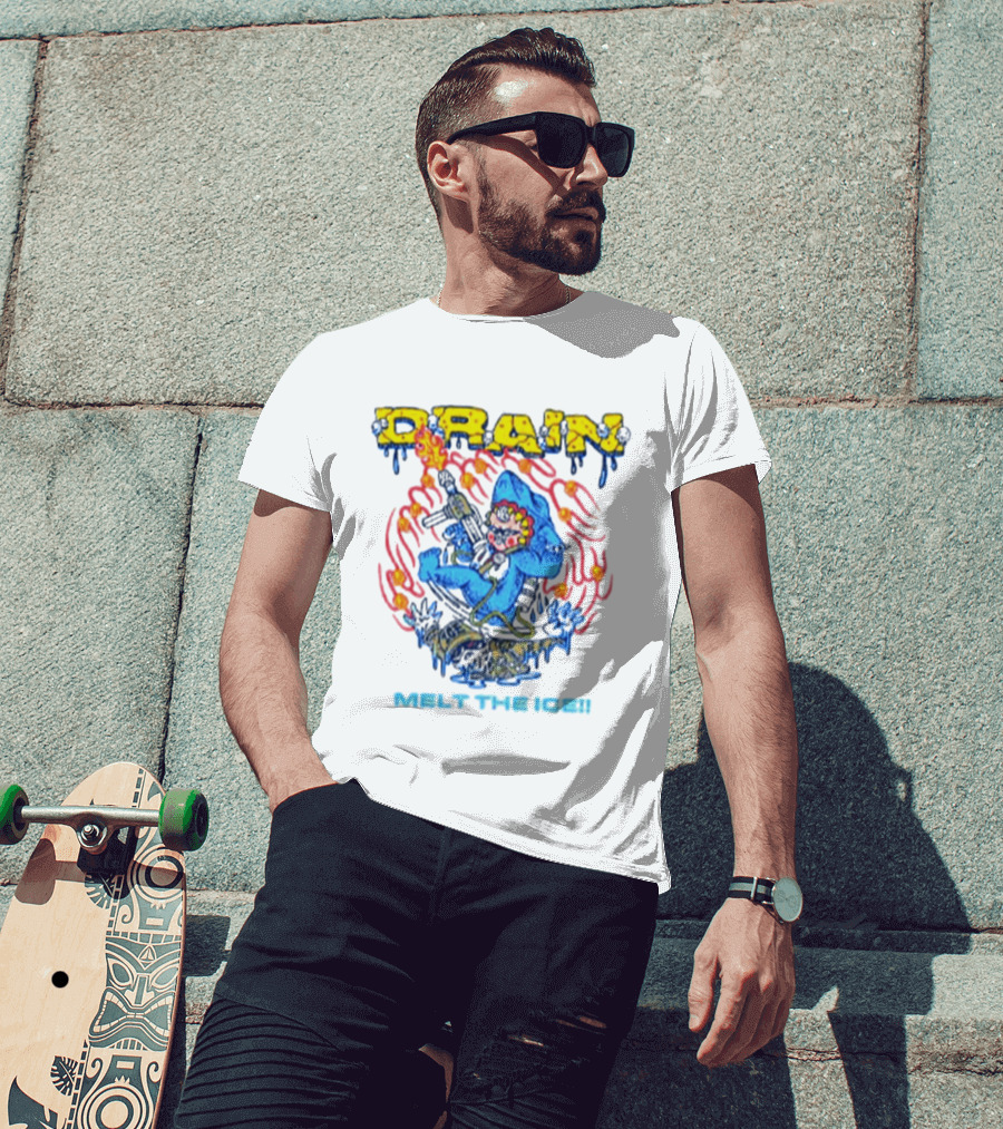 Drain Melt The Ice Hardcore Punk Shark Character With Flames And Machine Gun T-Shirt