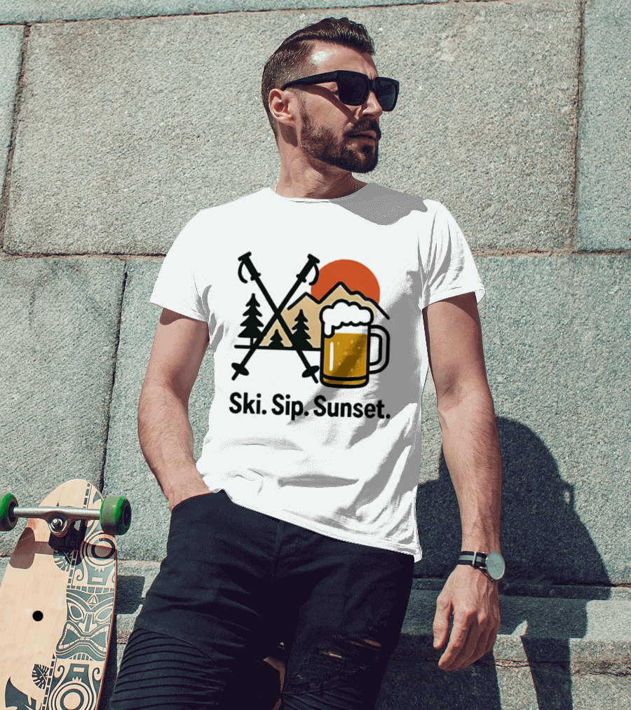 Ski Sip Sunset Mountain Beer Adventure T-Shirt