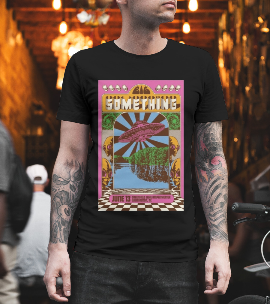 Big Something June 13 Greenfield Lake Amphitheater Wilmington NC Psychedelic With UFO Art And Alien Heads T-Shirt