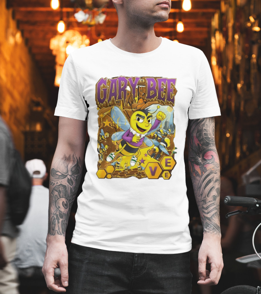 Gary Bee Cartoon Bee Character in Purple Jersey with Stars and Soccer T-Shirt
