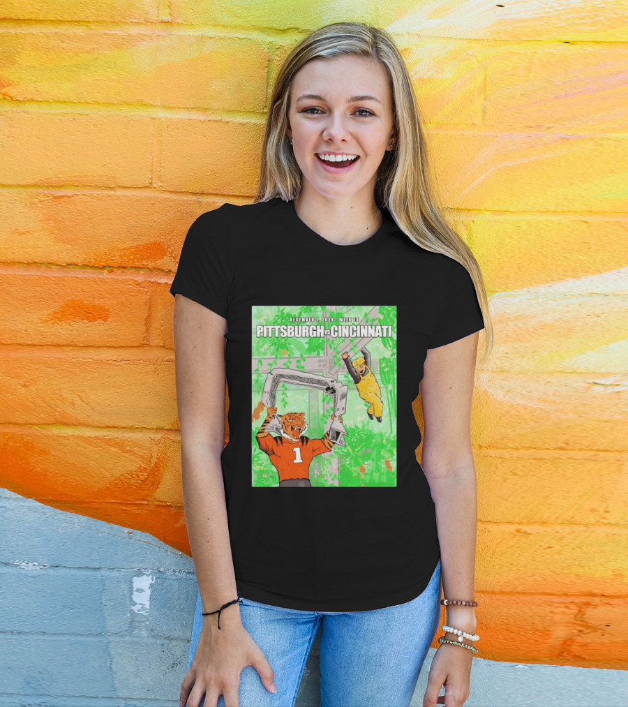 Pittsburgh Steelers Vs Cincinnati Bengals December 1 2024 Week 13 Cartoon Tiger And Construction Worker Jungle Showdown T-Shirt