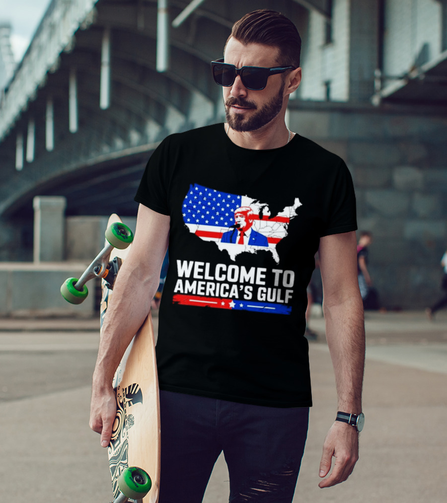 Welcome To America's Gulf Patriotic Map Featuring Trump And Stars And Stripes T-Shirt