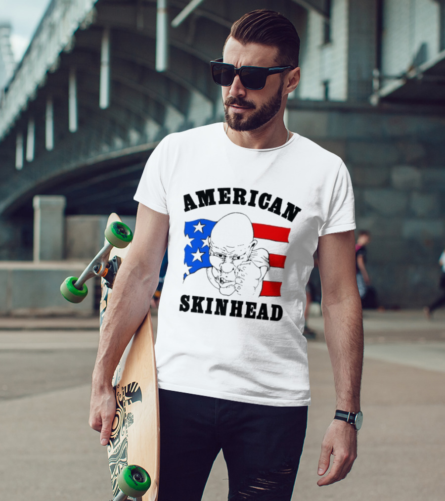 American Skinhead USA Bald Character With Flag Stars And Stripes T-Shirt