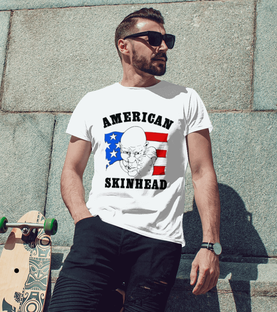 American Skinhead USA Bald Character With Flag Stars And Stripes T-Shirt
