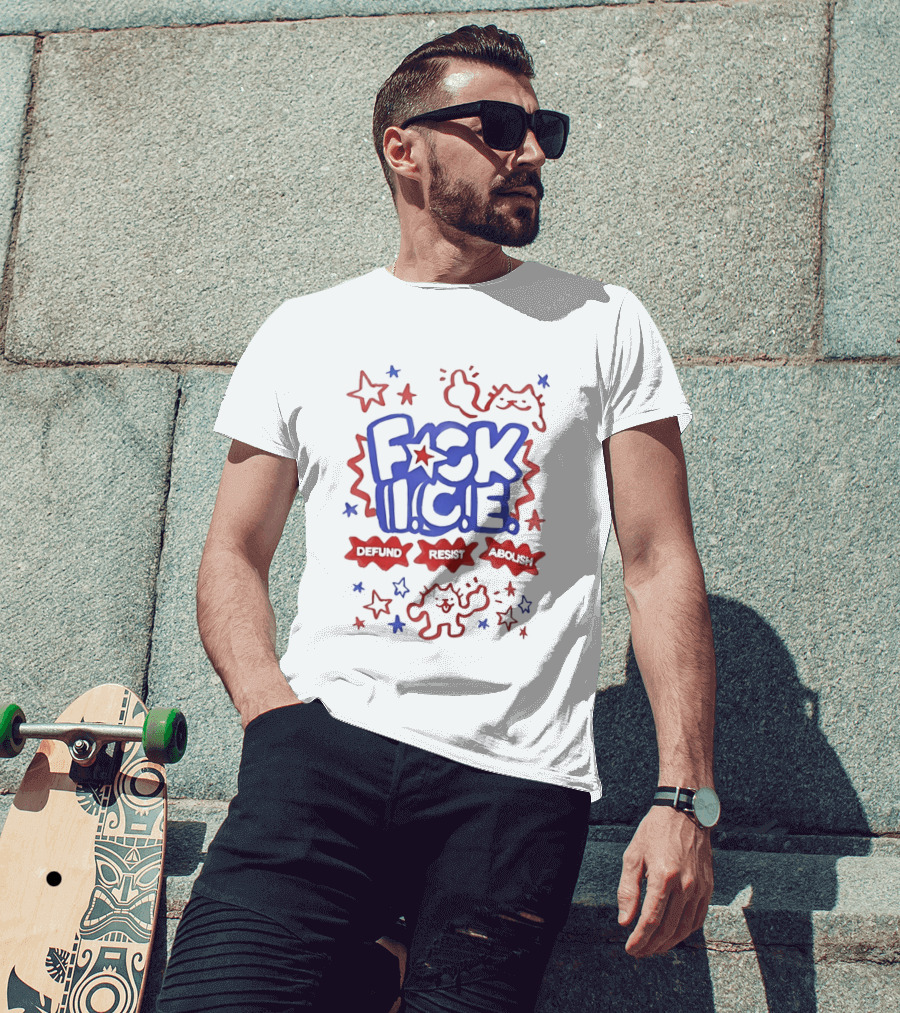 F*ck I.C.E. Defund Deport Abolish Cat Stars 1776 2026 American Flag T-Shirt