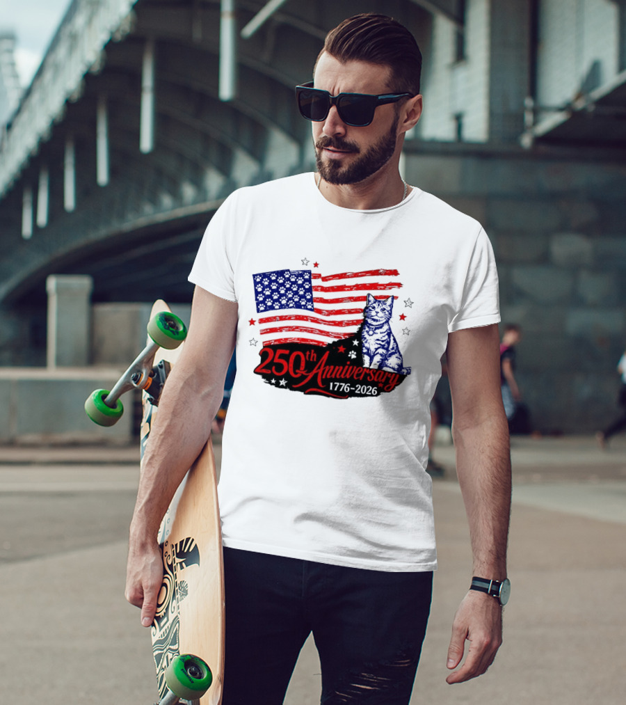 Abolish Ice Defund Resist Protest Cat With 250th Anniversary 1776 2026 USA Flag T-Shirt
