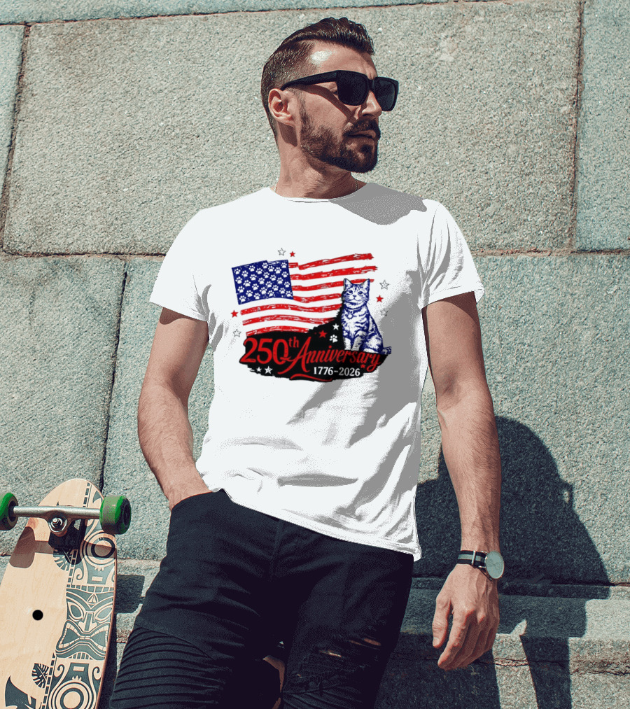 Abolish Ice Defund Resist Protest Cat With 250th Anniversary 1776 2026 USA Flag T-Shirt