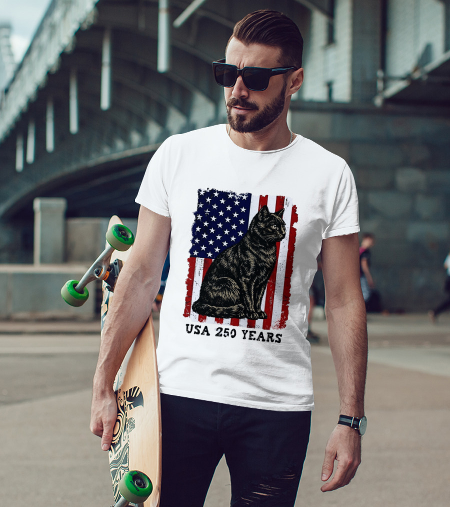 USA 250 Years Liberty Cat American Flag T-Shirt