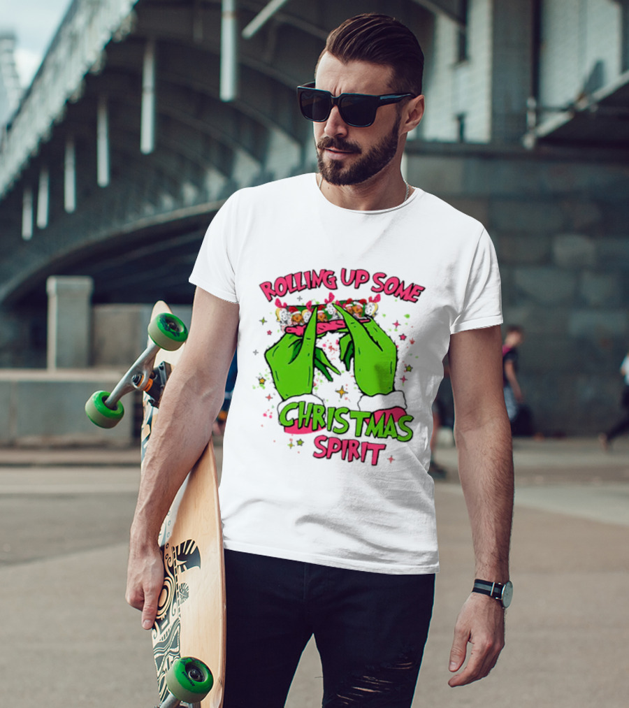 Grinch Rolling Up Some Christmas Spirit With Green Hands And Glitter Stars T-Shirt