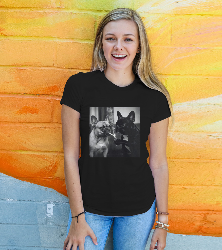 Frenchie Buddies French Bulldog Smoking Cigarette Meme Black And White Humor Duo T-Shirt