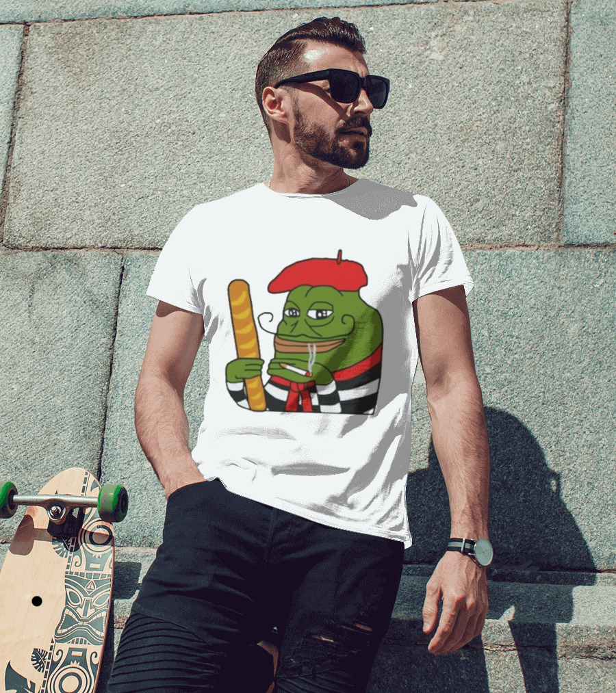S French Pepe With Baguette And Cigarette Beret Comedy Meme T-Shirt