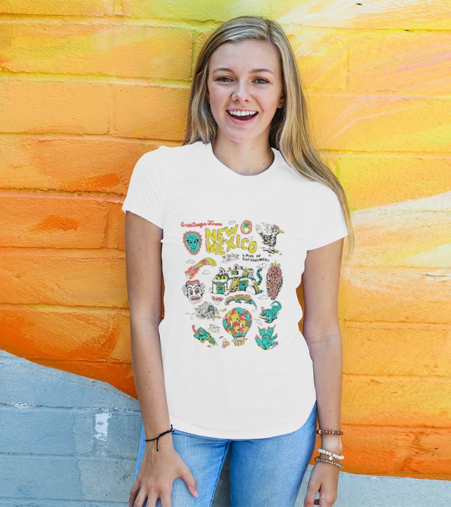 Greetings New Mexico Land Of Enchantment Colorful Southwest Symbols Hot Air Balloon Cactus And Traditional T-Shirt