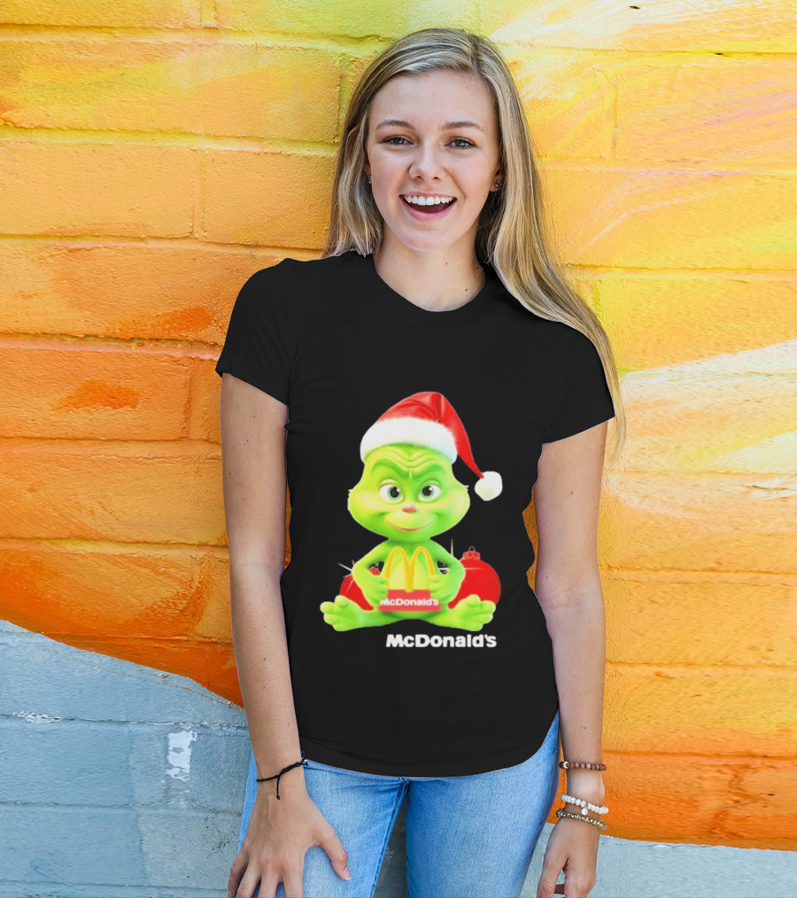 Santa Baby Grinch McDonald's Holding Happy Meal With Santa Hat And Gift Bags T-Shirt