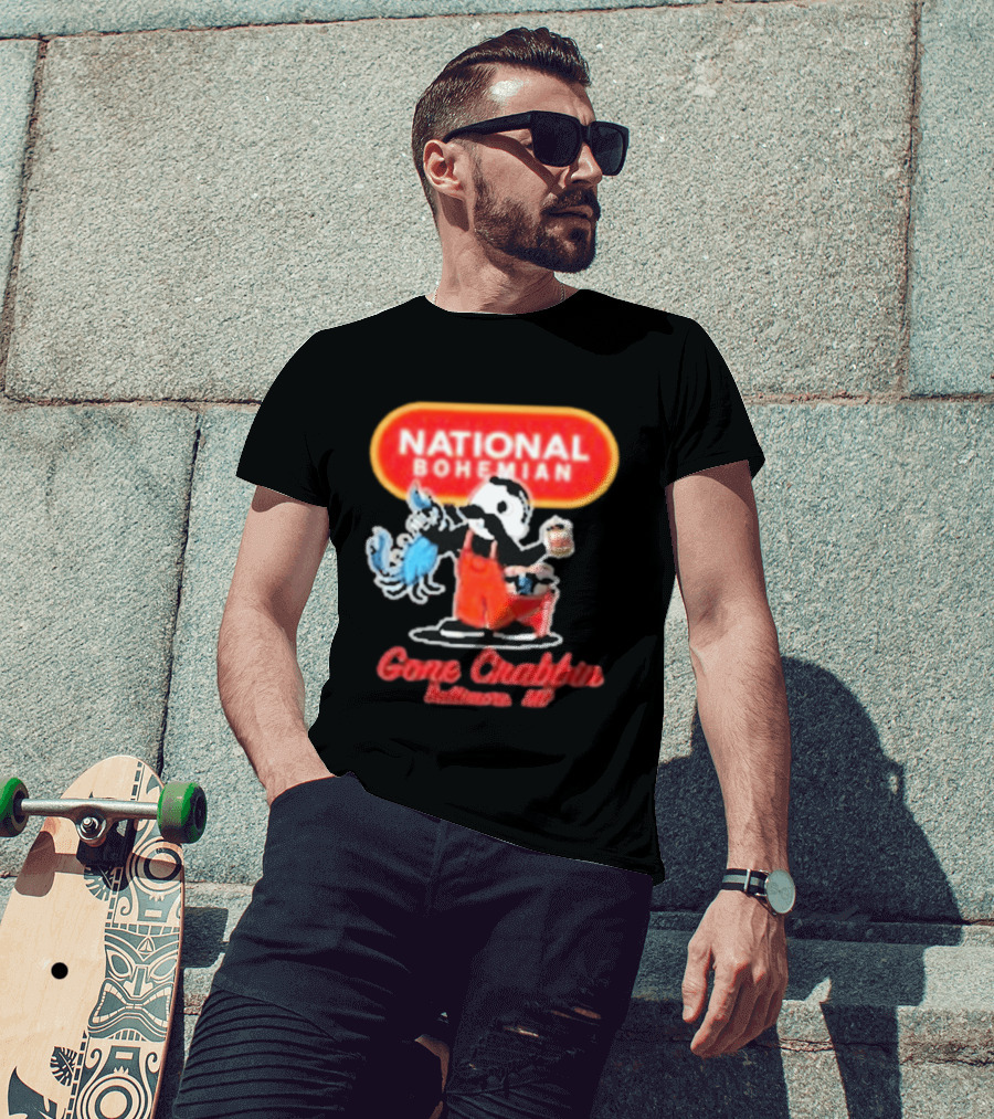 National Bohemian Beer Gone Crabbin' Baltimore MD Mr. Boh With Crab And Beer T-Shirt