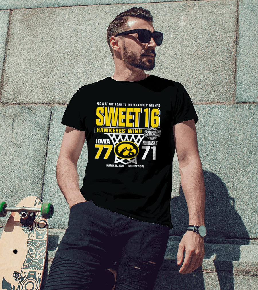NCAA The Road To Minneapolis Men's Sweet 16 Hawkeyes Win Iowa 77 Nebraska 71 March 29 2020 Selection T-Shirt