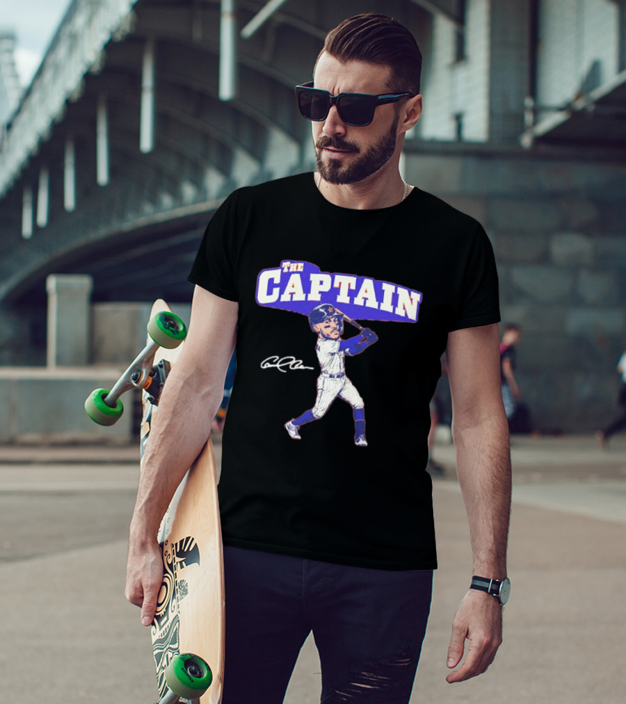 The Captain Carlos Correa Caricature Baseball Player Swinging Bat With Signature T-Shirt