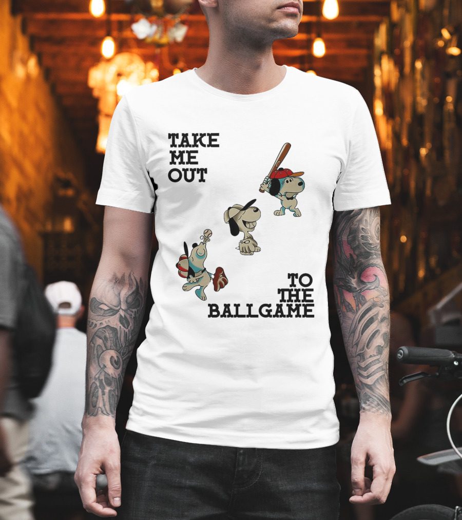 Snoopy Take Me Out To The Ballgame Baseball Red Cap Batting And Catching T-Shirt