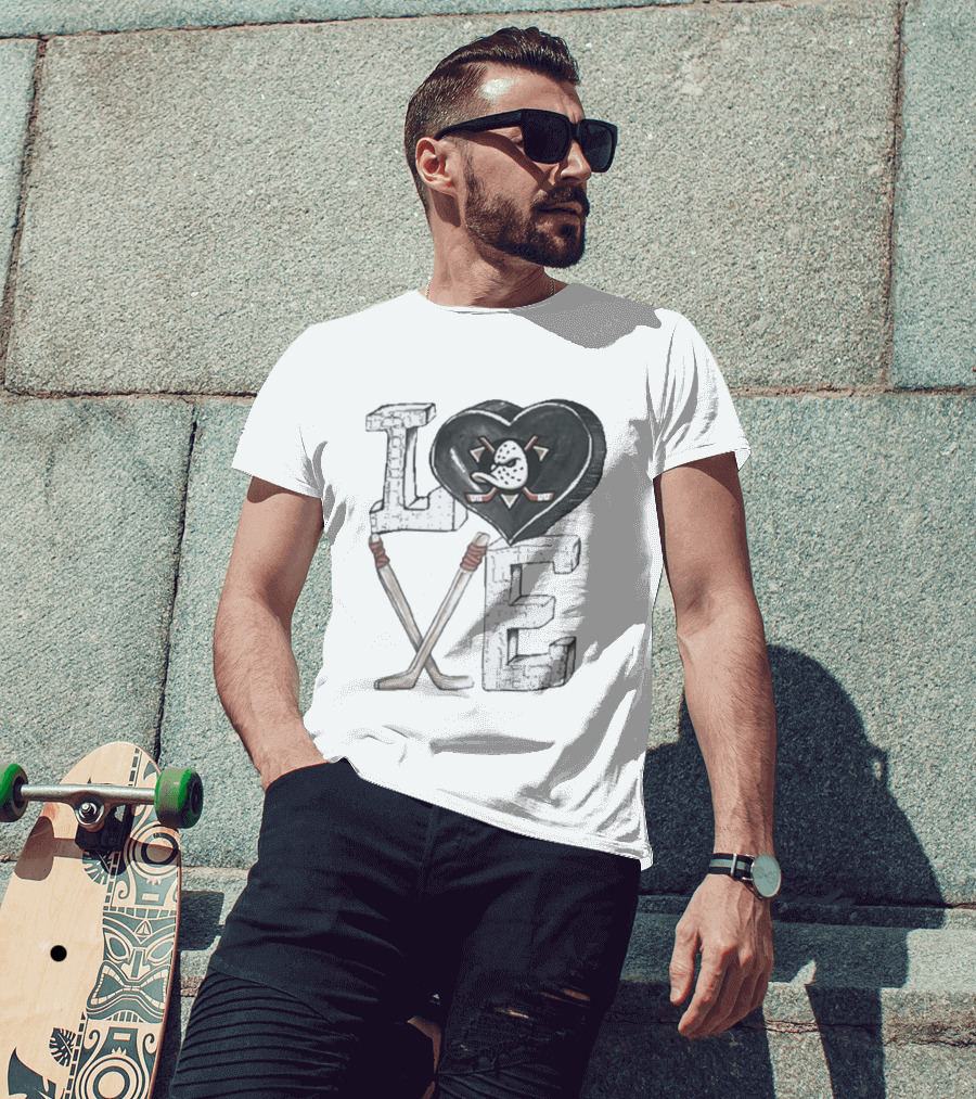 Anaheim Ducks Puck Heart Love Hockey Sticks T-Shirt