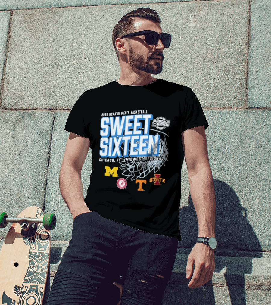 2026 NCAA DI Men's Basketball Sweet Sixteen Chicago IL Midwest Regional Michigan Alabama Tennessee Iowa State T-Shirt
