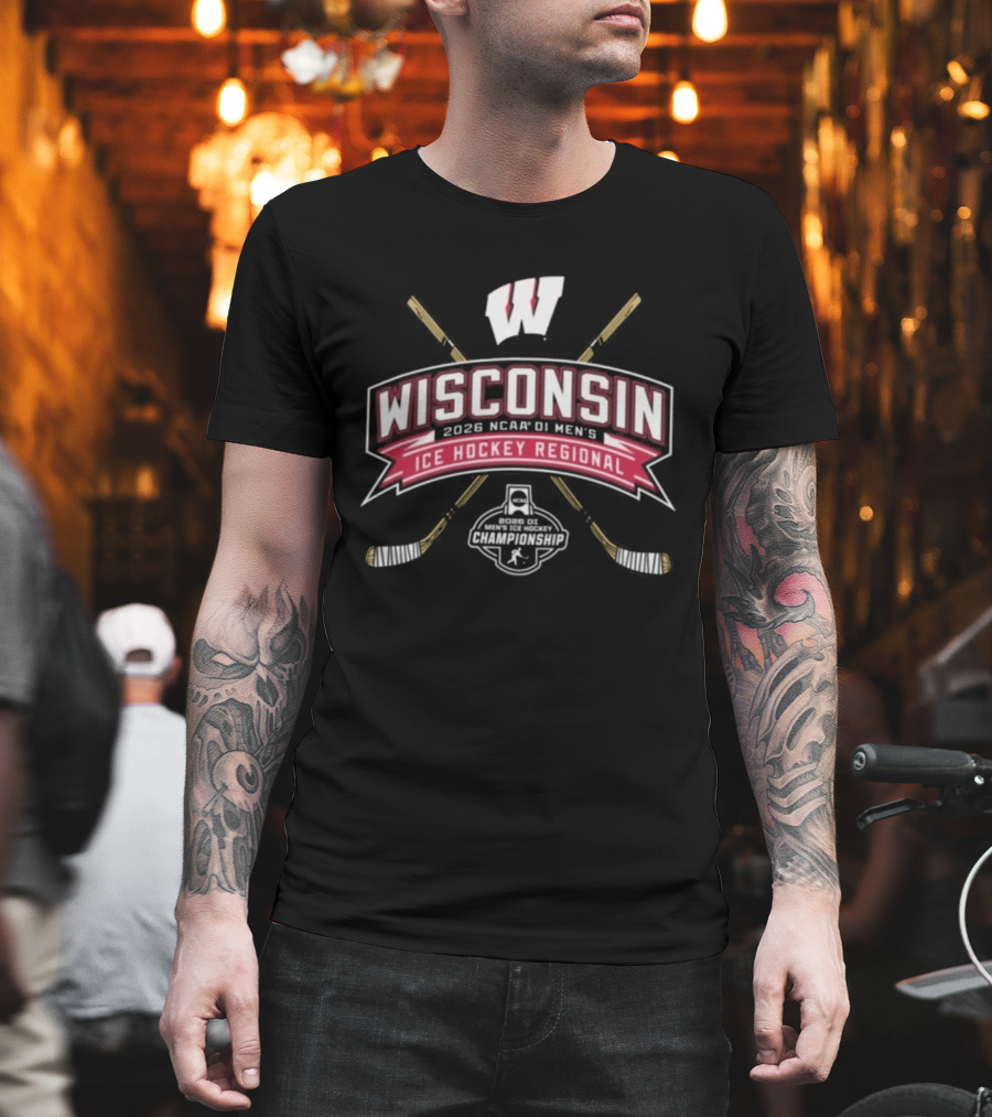 Wisconsin 2026 NCAA DI Men's Ice Hockey Regional Badgers Event with Hockey Sticks and Puck T-Shirt