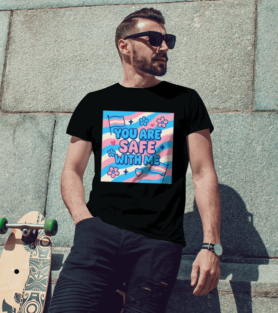 You Are Safe With Me Transgender Flag Heart Flowers And Stars T-Shirt