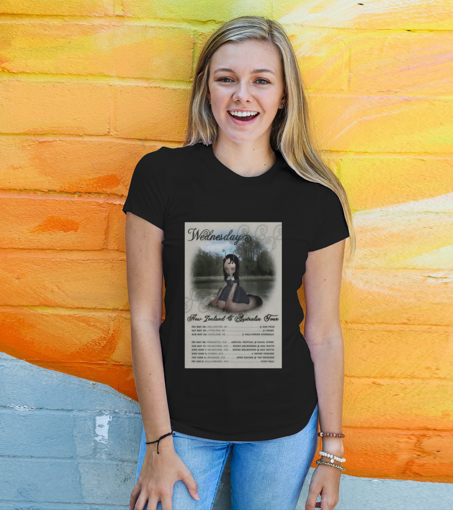 Wednesday New Zealand Australia Tour 2026 Wellington Lyttelton Auckland Fremantle Melbourne Sydney Brisbane Mullumbimby T-Shirt