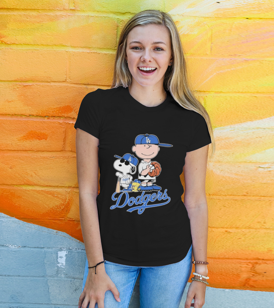 Los Angeles Dodgers Peanuts Snoopy Charlie Brown Woodstock Baseball Collaboration T-Shirt