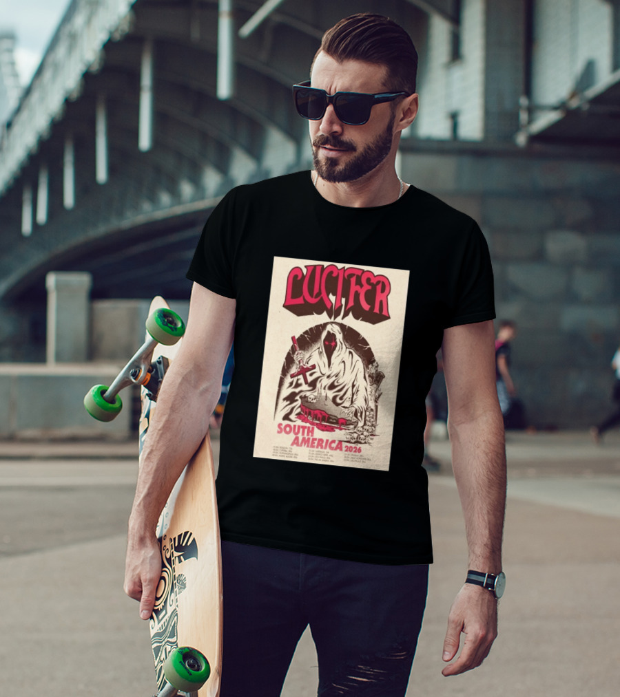 Lucifer South America 2026 Tour Schedule With Hooded Figure And Skulls T-Shirt