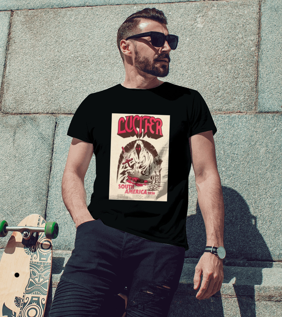 Lucifer South America 2026 Tour Schedule With Hooded Figure And Skulls T-Shirt