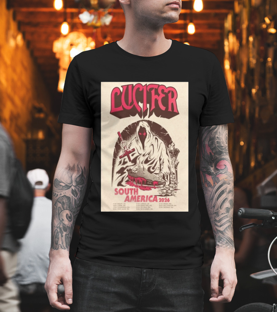 Lucifer South America 2026 Tour Schedule with Hooded Figure and Skulls T-Shirt