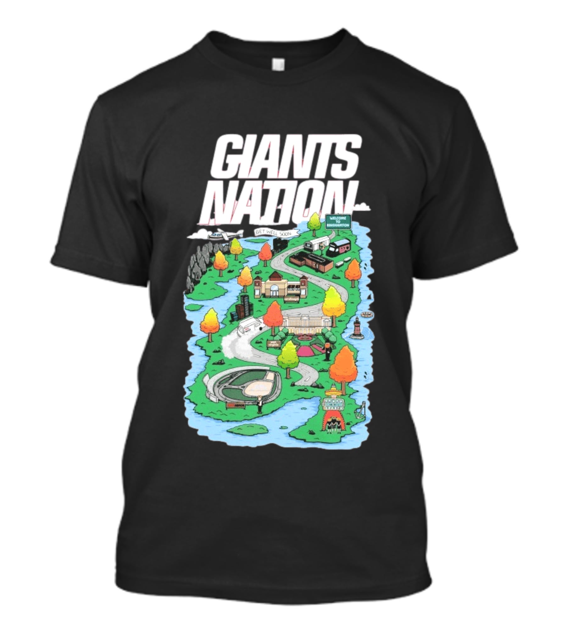 Bobby Skinner Giants Nation Cartoon Landscape Get Well Soon Welcome To Giants Nation Balloon Trees River T-Shirt