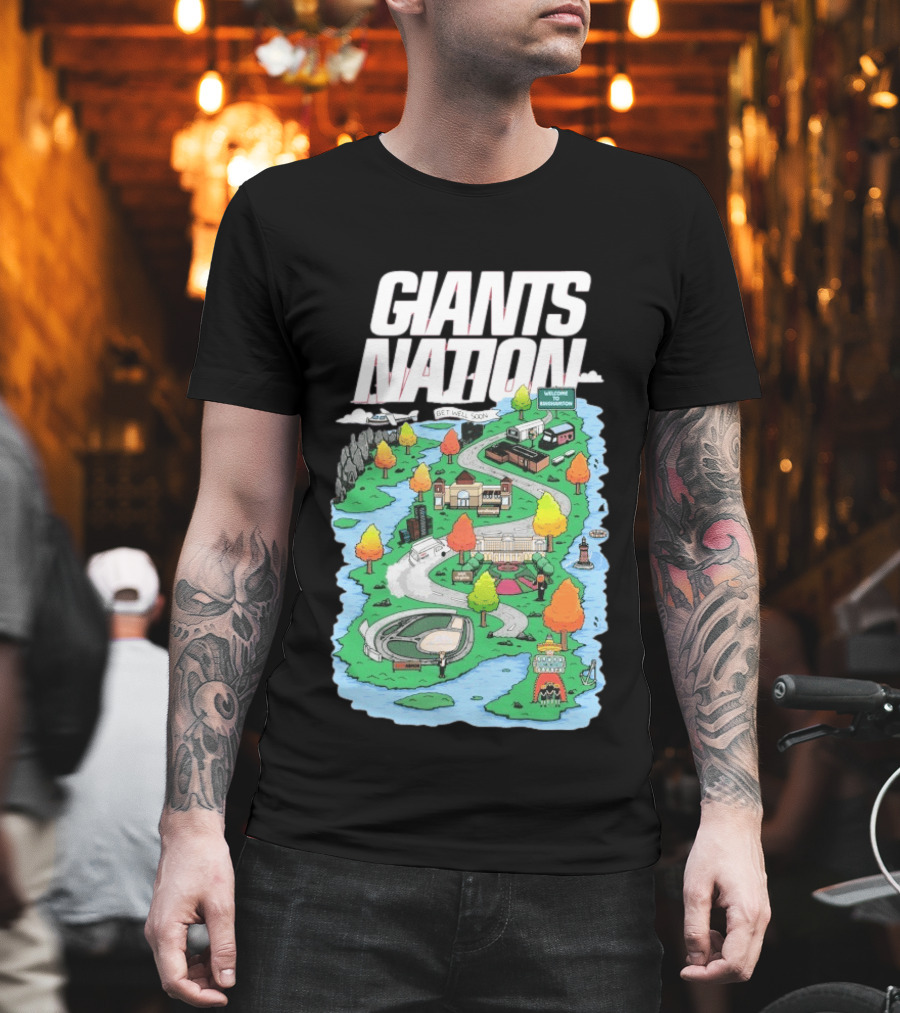 Bobby Skinner Giants Nation Cartoon Landscape Get Well Soon Welcome To Giants Nation Balloon Trees River T-Shirt