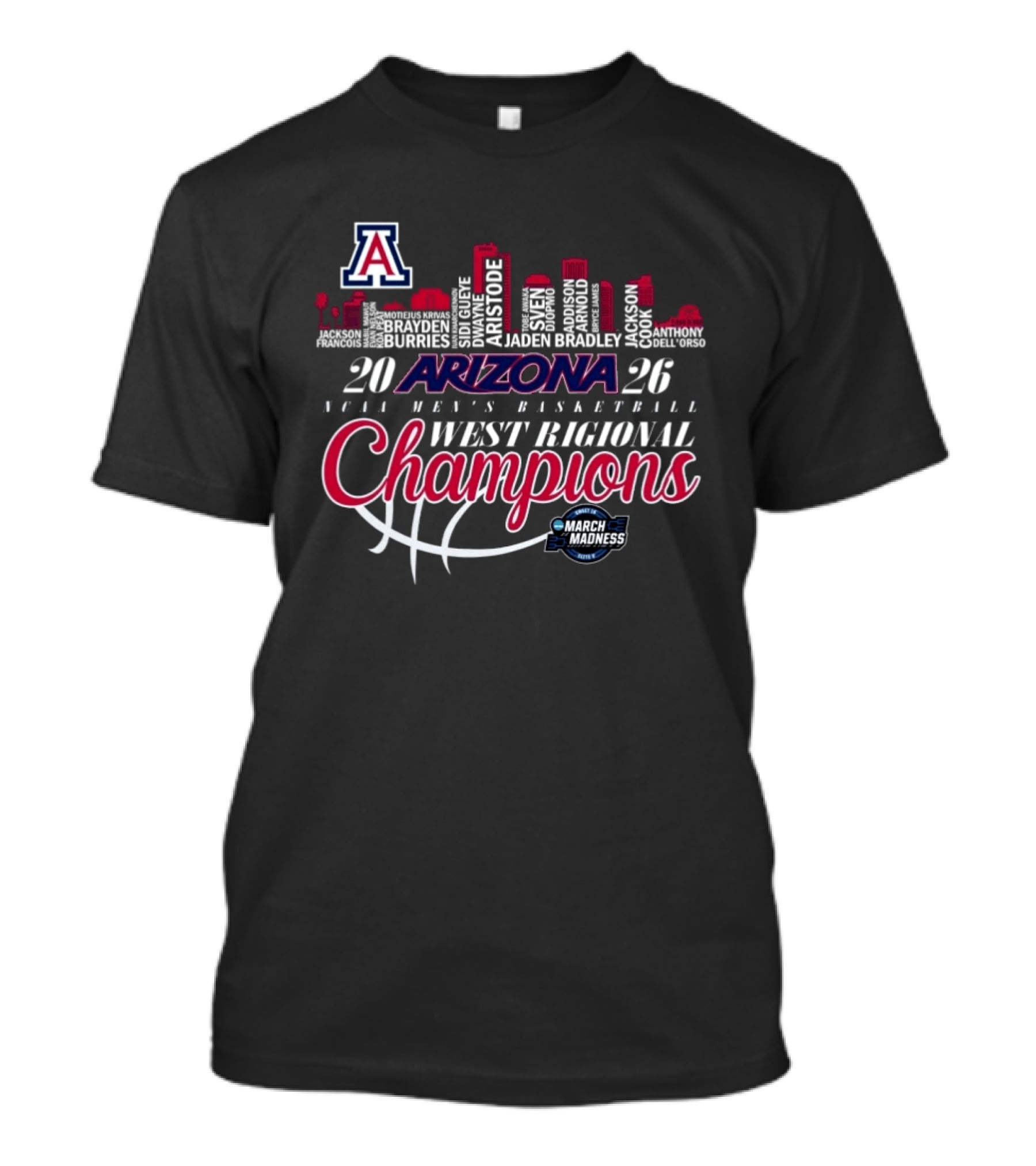Arizona Wildcats 2026 NCAA Men's Basketball West Regional Champions March Madness Skyline T-Shirt