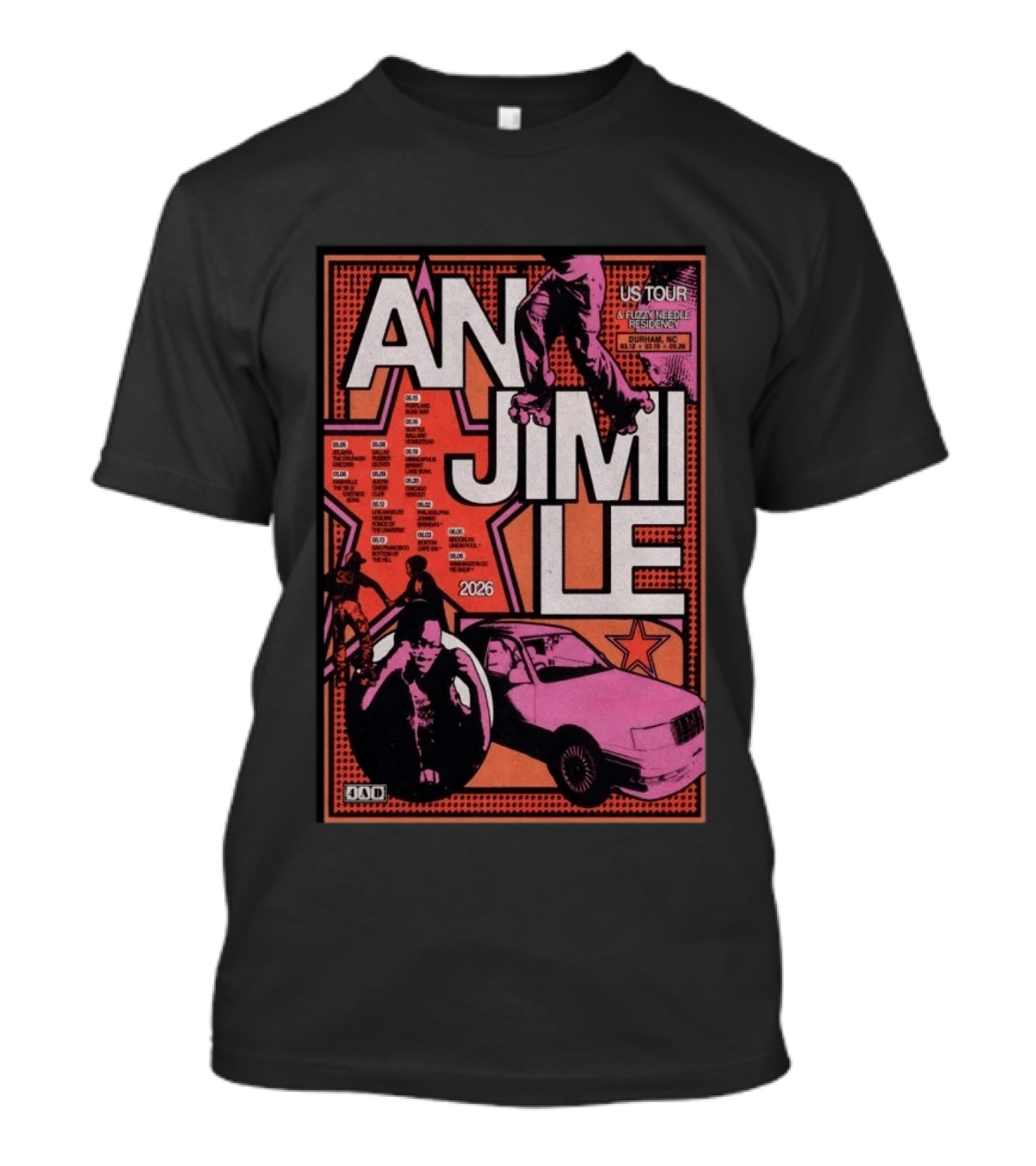 Anjimile 2026 US Tour Fuzz And Needle Residency With Skater And Pink Car T-Shirt