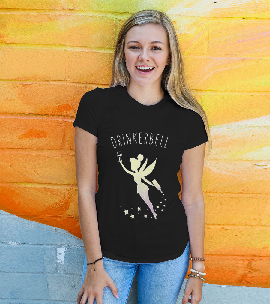 Drinkerbell Fairy Silhouette With Wine Glass And Bottle Stars T-Shirt