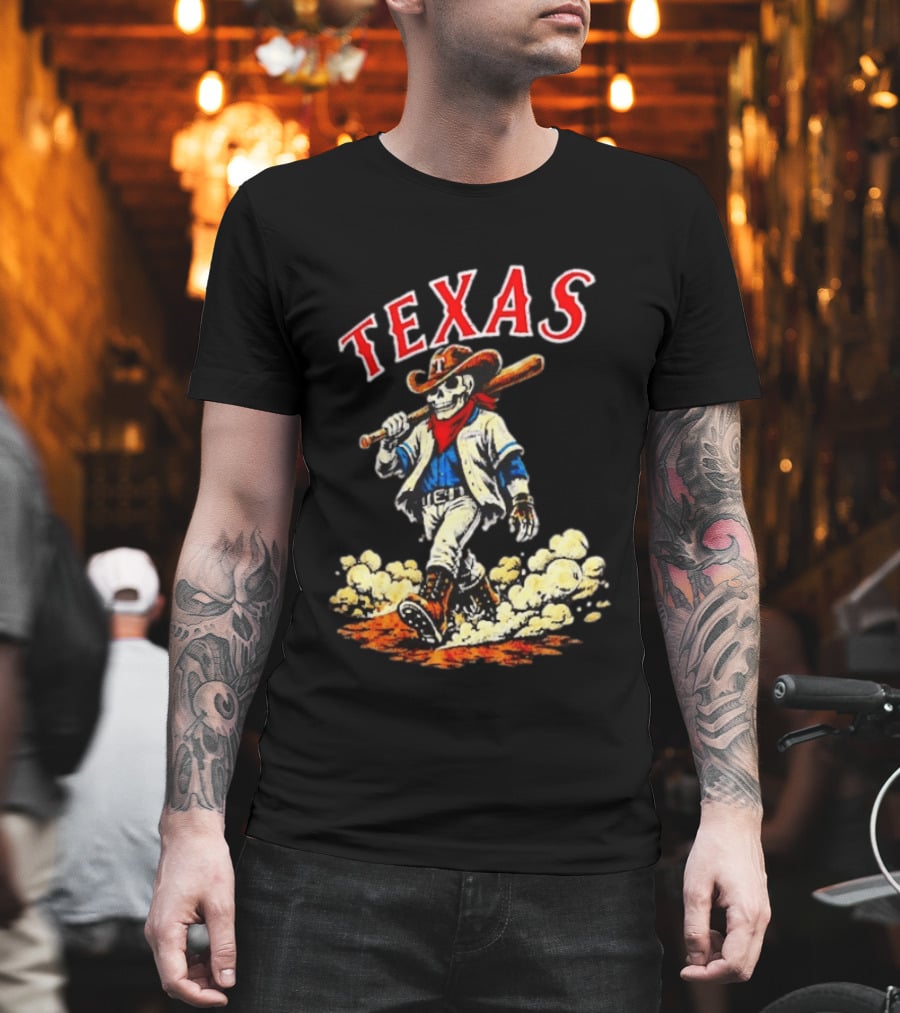 Texas Rangers Cowboy Skull Baseball Player T-Shirt