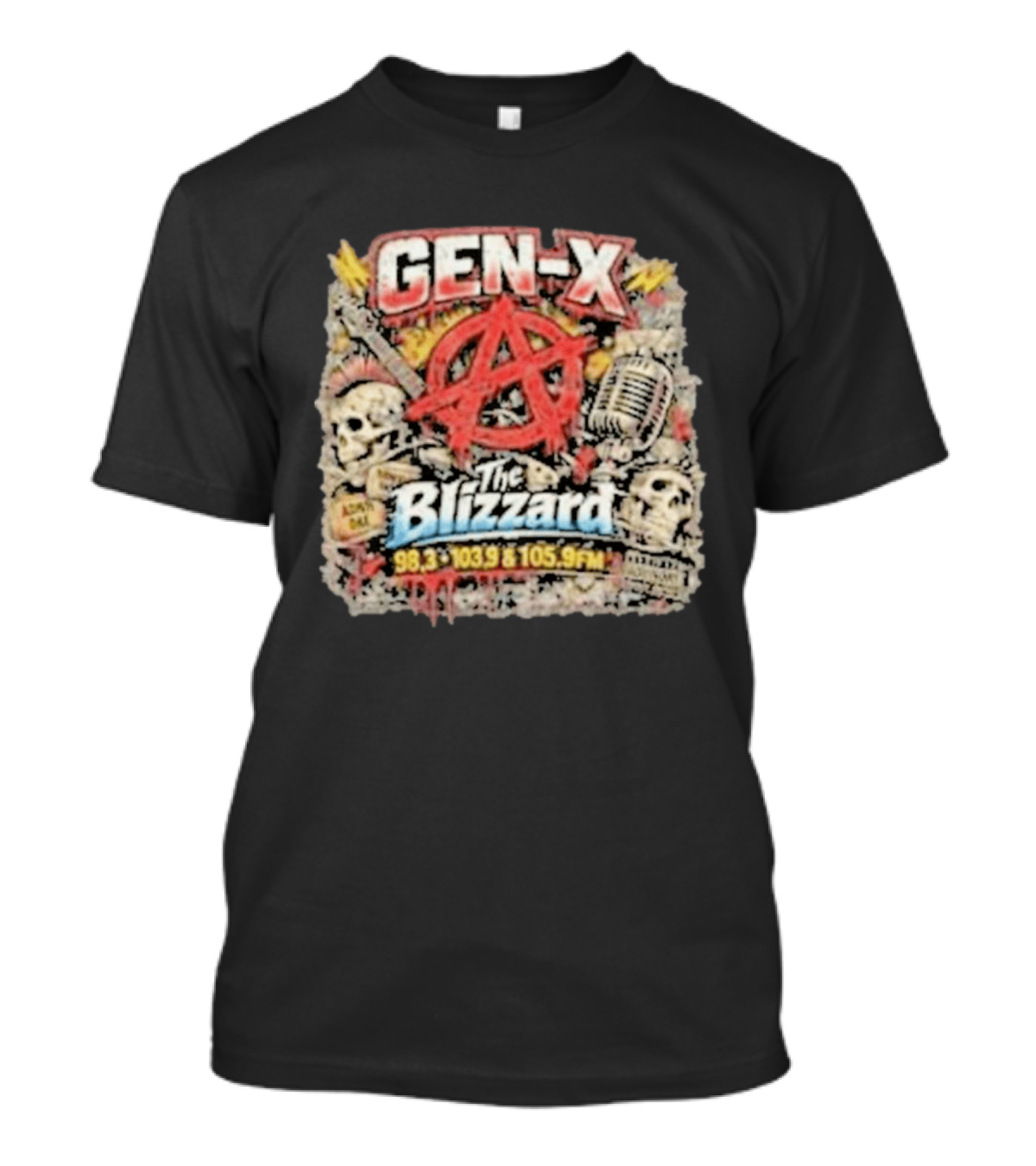 Gen X The Blizzard 98.3 103.9 105.9 FM Anarchy Skulls Microphone T-Shirt