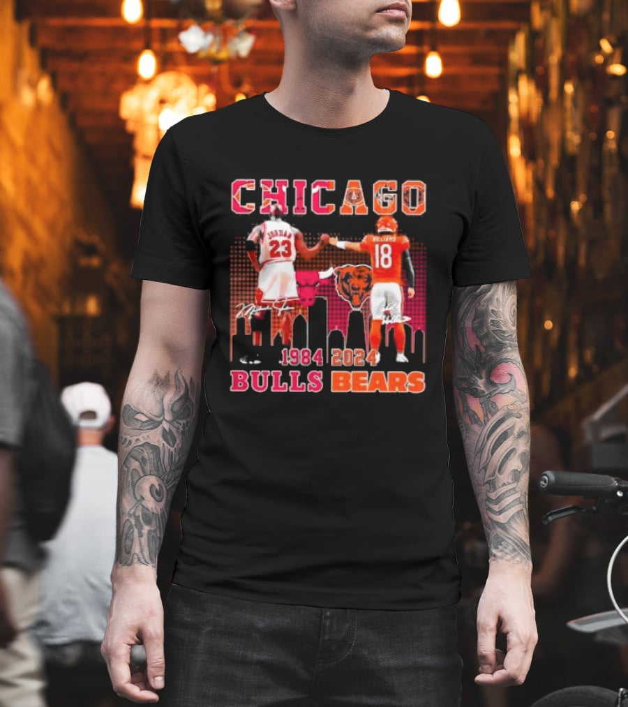 Chicago Bulls Michael Jordan 23 And Chicago Bears Caleb Williams 18 1984 2024 Signatures T-Shirt