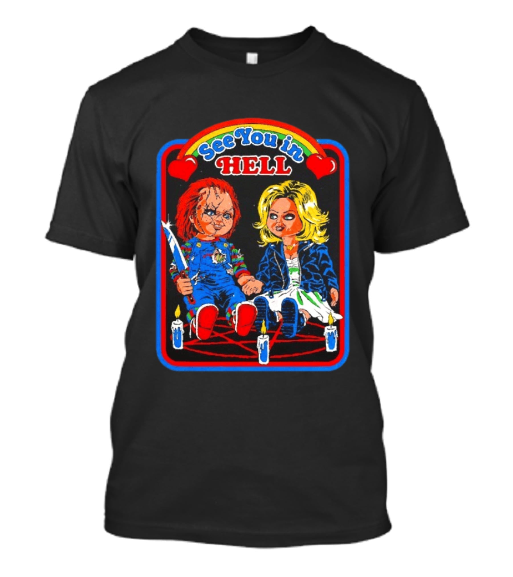 See You In Hell Chucky And Bride Horror Movie Characters Candles T-Shirt