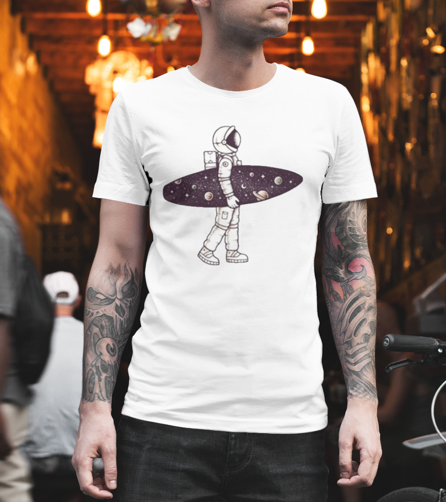Astronaut Surfer Exploring Cosmic Adventure With Planets And Stars T-Shirt