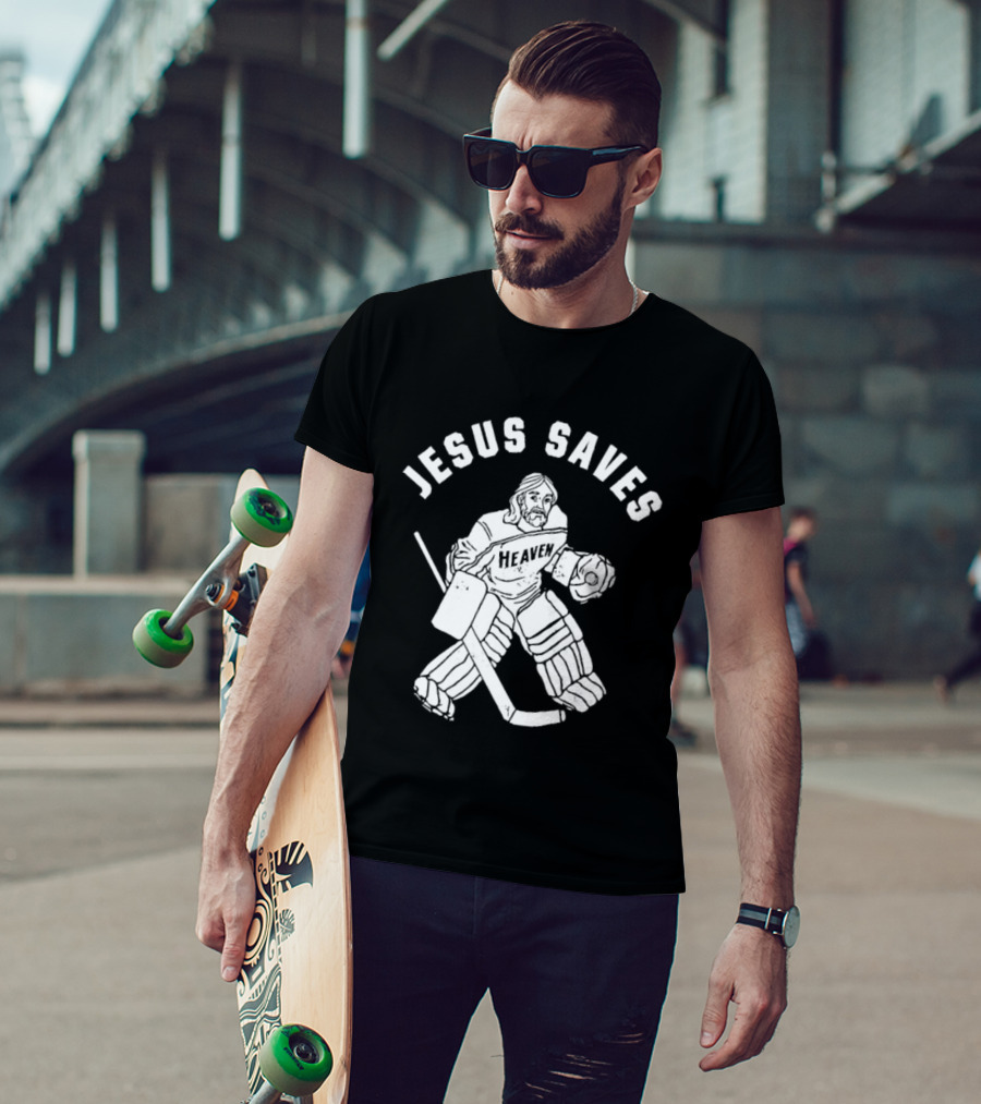 Jesus Saves Hockey Goalie Blocking Puck T-Shirt