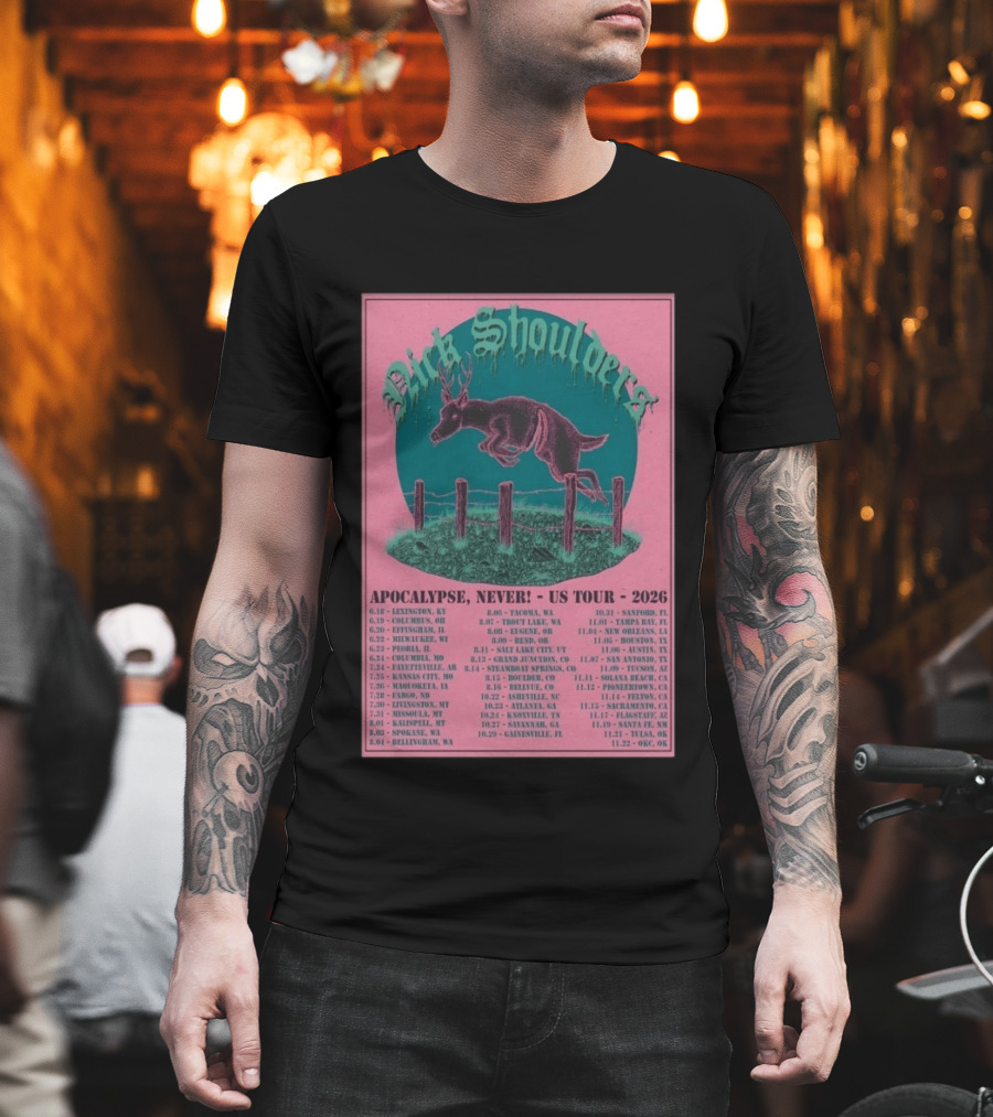 Nick Shoulders Apocalypse Never US Tour 2026 Retro Pink And Teal Leaping Deer Design With Tour Dates T-Shirt