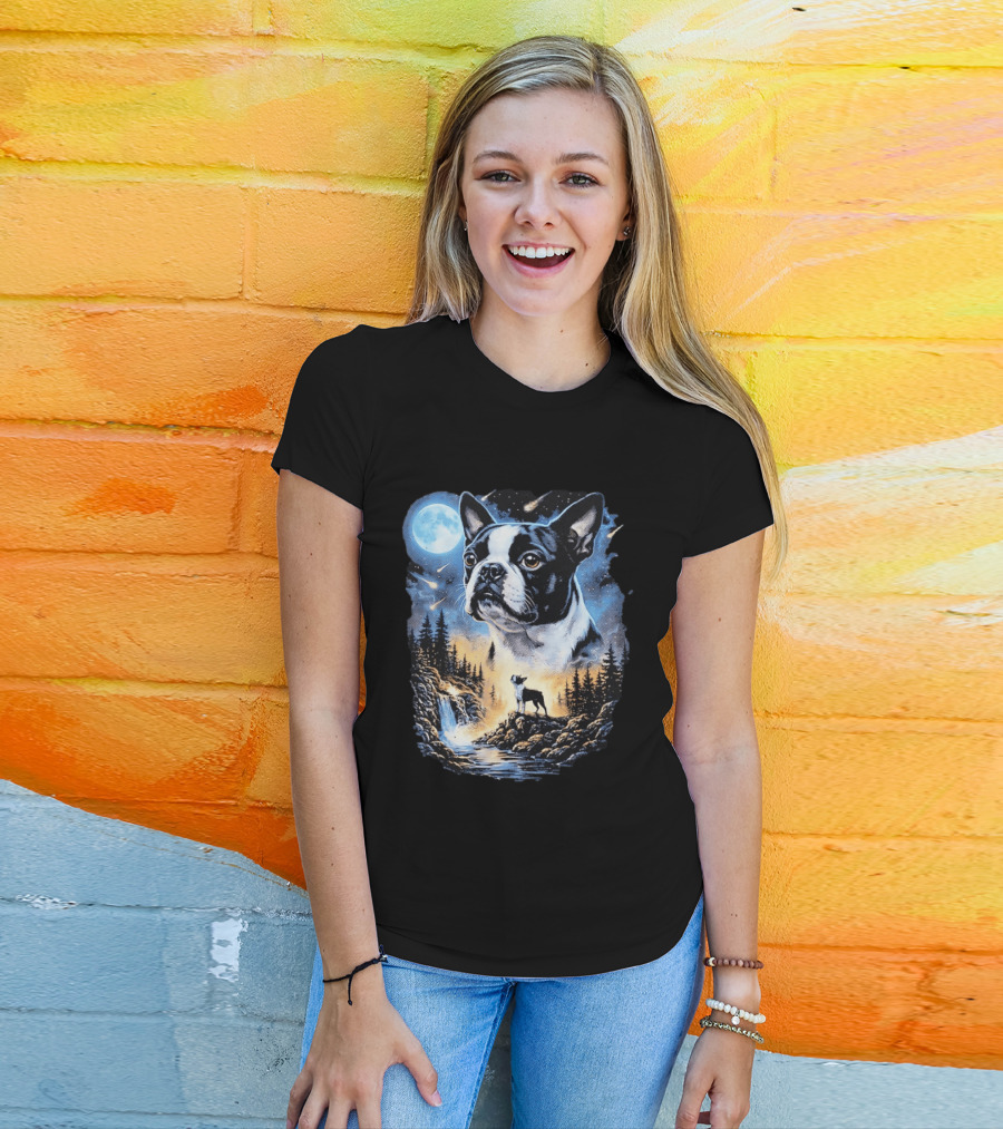 Boston Terrier Howling Moon Night Wilderness Scene T-Shirt