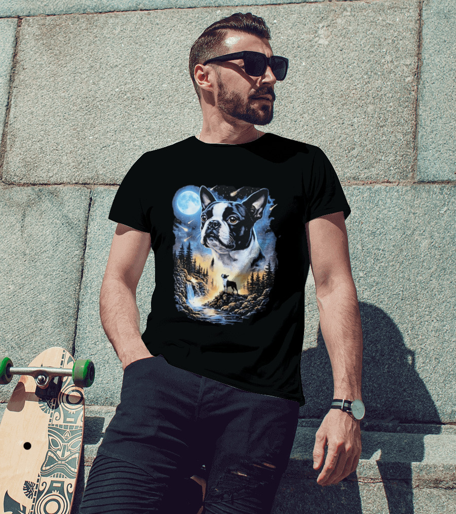 Boston Terrier Howling Moon Night Wilderness Scene T-Shirt