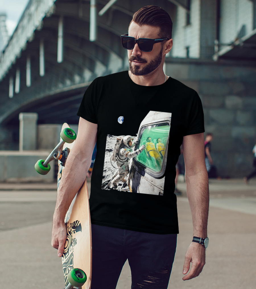 LeBron James Lakers Alone In Space Astronaut Scene With Number 77 And 15 In Spaceship T-Shirt