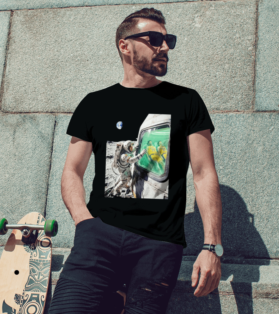 LeBron James Lakers Alone In Space Astronaut Scene With Number 77 And 15 In Spaceship T-Shirt