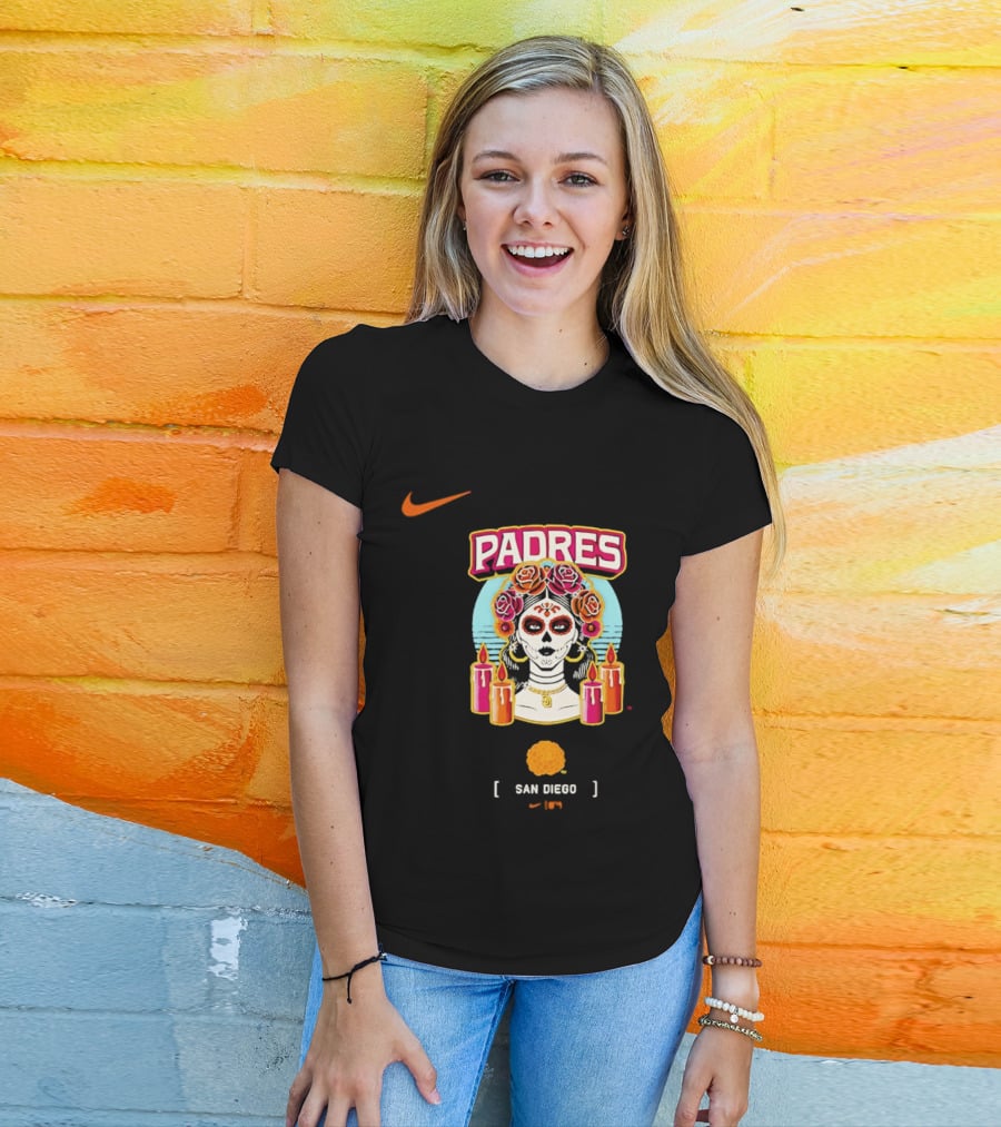 Nike San Diego Padres 2026 City Connect Dia De Los Muertos Candles Roses Large T-Shirt